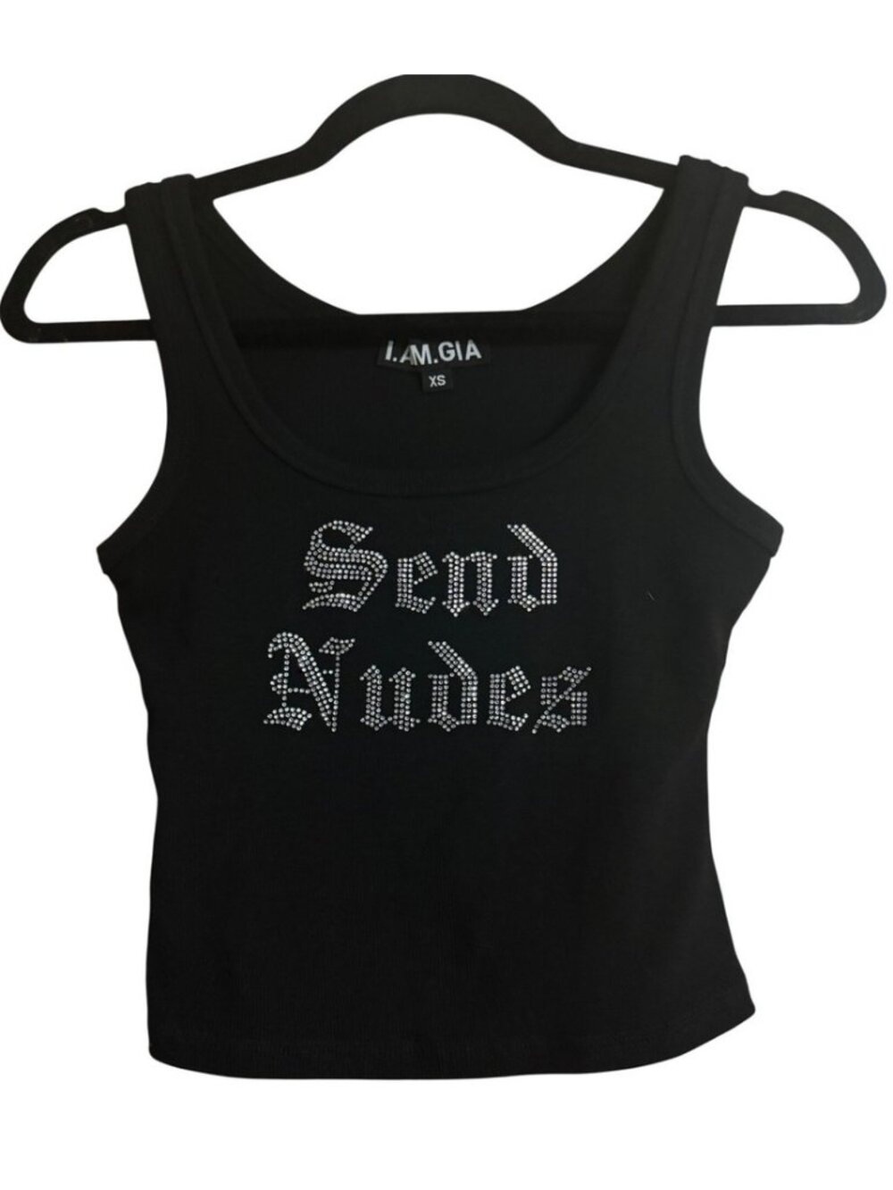 Black Ribbed Rhinestone Send Nudes Tank Top Scoop Neck Y2K